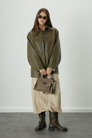 Vintage Effect Faux Leather Jacket Green