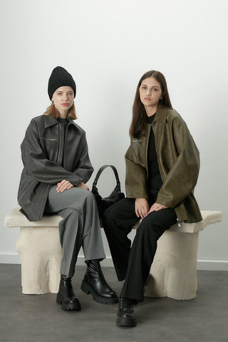 Vintage Effect Faux Leather Jacket Green