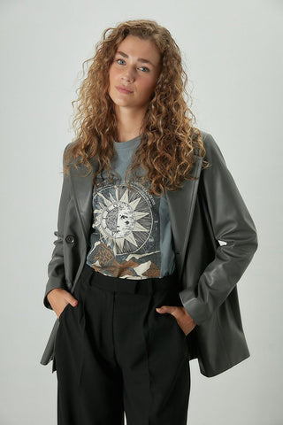 Double-Breasted Leather Blazer Jacket Anthracite