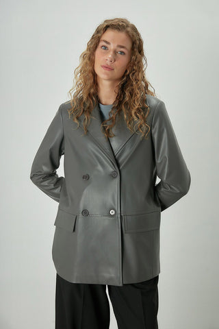 Double-Breasted Leather Blazer Jacket Anthracite