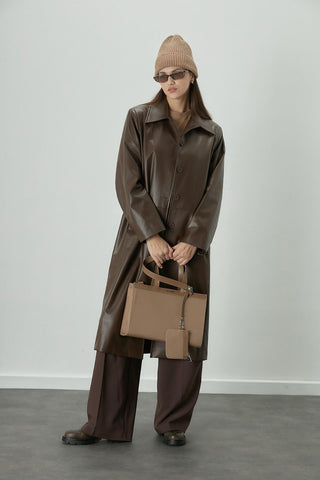 Hailey Leather Trench Coat Brown