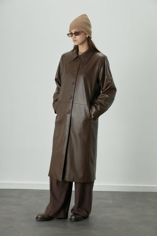 Hailey Leather Trench Coat Brown