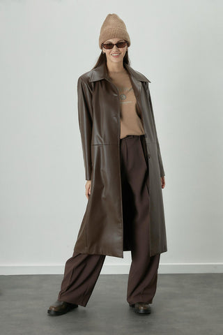 Hailey Leather Trench Coat Brown