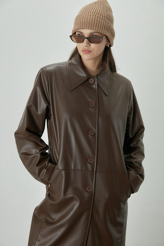 Hailey Leather Trench Coat Brown