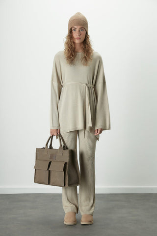 Knitted Belted Tunic Beige