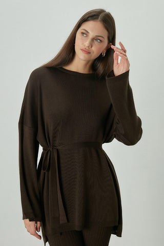 Knitted Belted Tunic Dark Brown