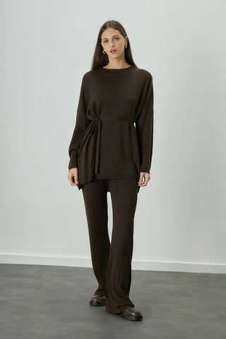 Knitted Belted Tunic Dark Brown