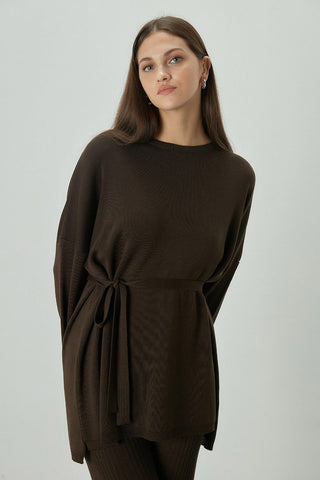 Knitted Belted Tunic Dark Brown