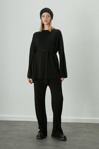 Knitted Belted Tunic Black