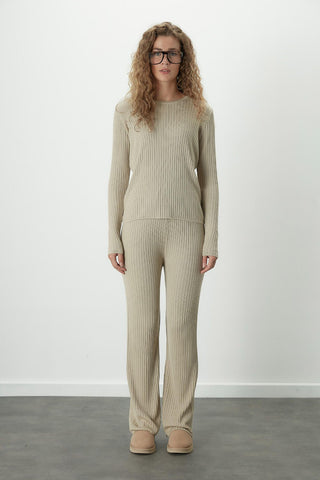 Ribbed Knit Trousers Beige