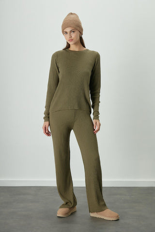 Ribbed Knit Trousers Khaki