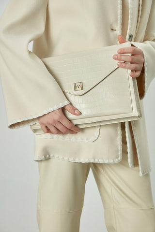 Textured Leather Tablet Bag Beige