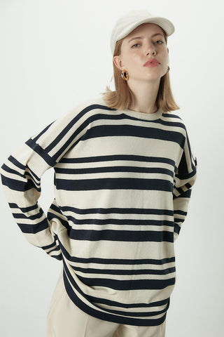 Striped Oversize Knit Tunic Navy Blue