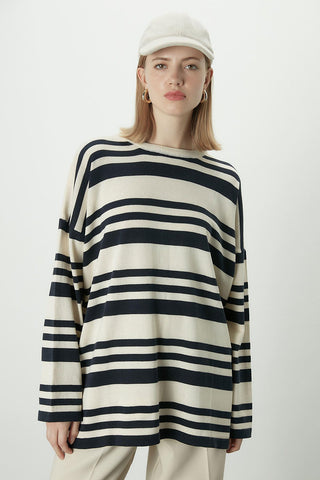 Striped Oversize Knit Tunic Navy Blue