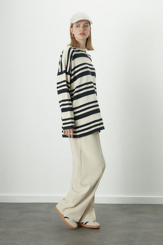 Striped Oversize Knit Tunic Navy Blue