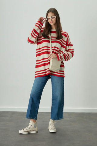 Striped Oversize Knit Tunic Red