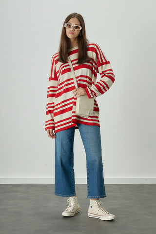 Striped Oversize Knit Tunic Red