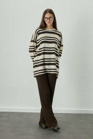 Striped Oversize Knit Tunic Brown