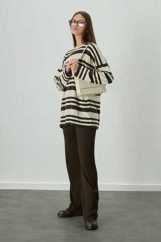 Striped Oversize Knit Tunic Brown