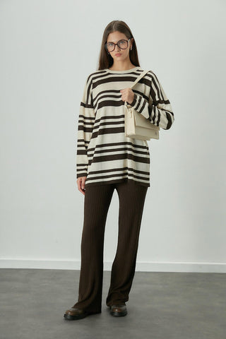 Striped Oversize Knit Tunic Brown