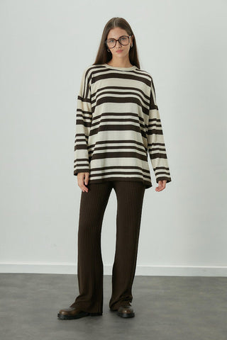 Striped Oversize Knit Tunic Brown