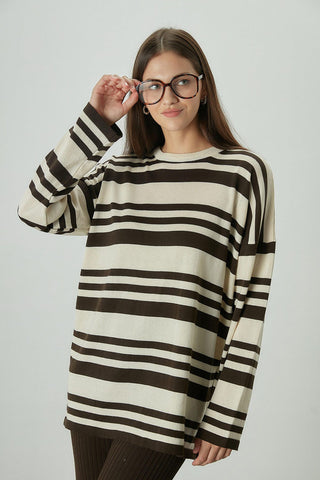 Striped Oversize Knit Tunic Brown