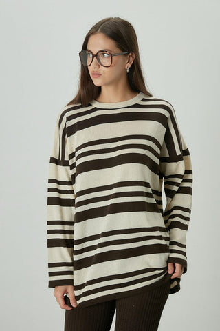 Striped Oversize Knit Tunic Brown