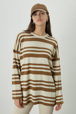 Çizgili Oversize Triko Tunik Camel