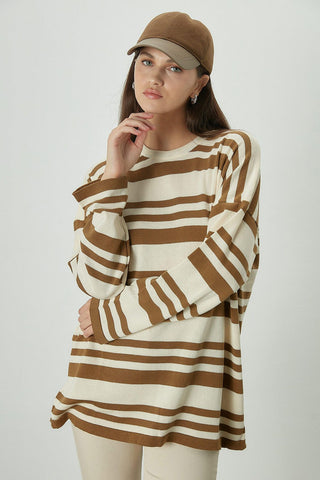 Çizgili Oversize Triko Tunik Camel