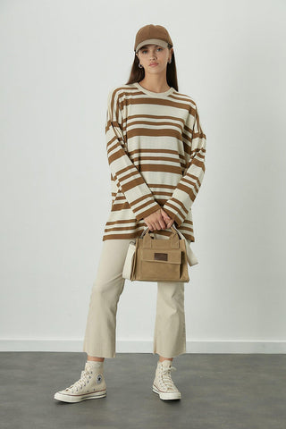 Striped Oversize Knit Tunic Camel