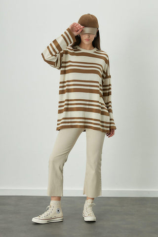 Çizgili Oversize Triko Tunik Camel