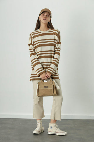 Striped Oversize Knit Tunic Camel