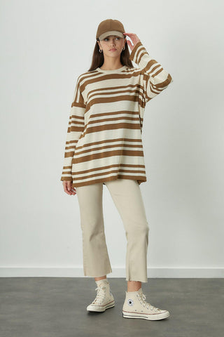 Çizgili Oversize Triko Tunik Camel