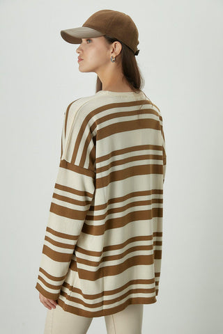 Çizgili Oversize Triko Tunik Camel