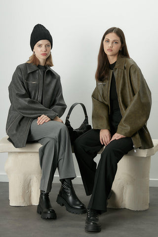 Vintage Effect Faux Leather Jacket Anthracite