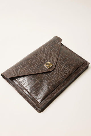 Textured Leather Tablet Bag Dark Brown