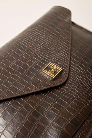 Textured Leather Tablet Bag Dark Brown