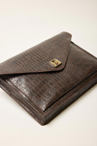 Textured Leather Tablet Bag Dark Brown