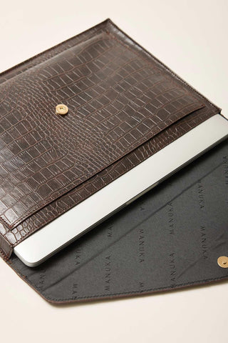 Textured Leather Tablet Bag Dark Brown