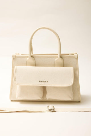 Canvas Shoulder Bag With Wide Pockets Beige