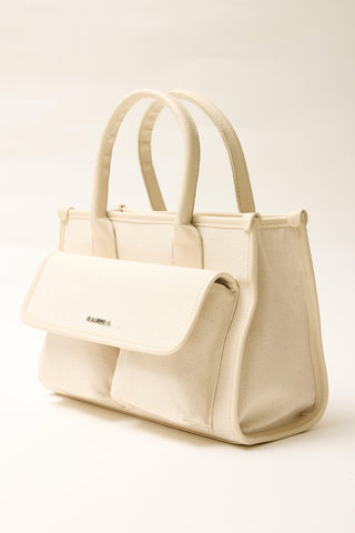 Canvas Shoulder Bag With Wide Pockets Beige