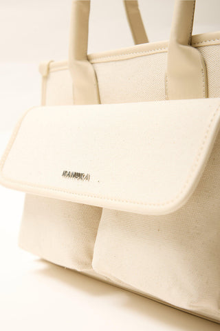 Canvas Shoulder Bag With Wide Pockets Beige