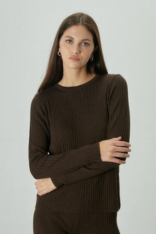 Ribbed Knit Blouse Dark Brown