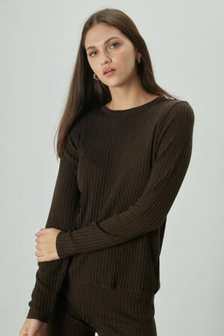 Ribbed Knit Blouse Dark Brown