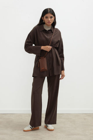 Premium Tencel Belted Shirt Dark Brown