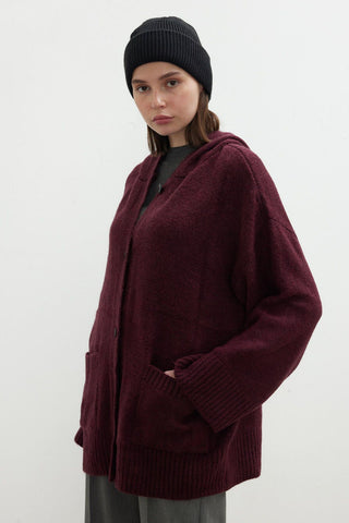 Cozy Hooded Knit Cardigan Damson