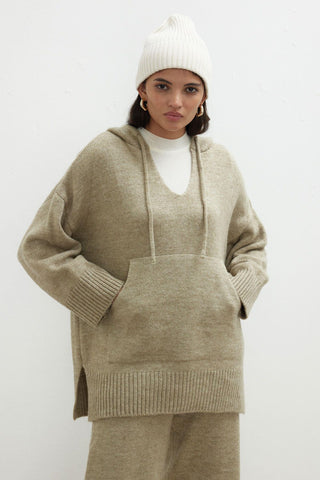 Cozy Hooded Knit Sweatshirt Mink