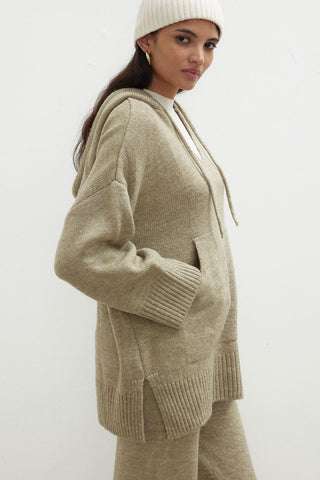 Cozy Hooded Knit Sweatshirt Mink