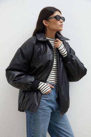 Oversize Leather Puffer Jacket Black