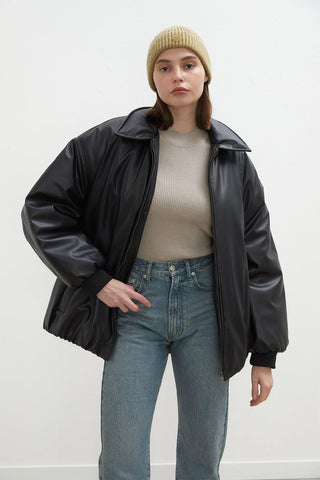 Oversize Leather Puffer Jacket Black